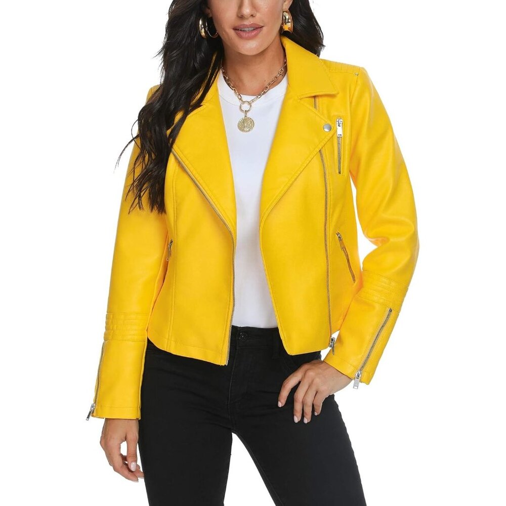 Women's Yellow Faux Leather Jacket Vegan Biker Vintage Design Imported Coat